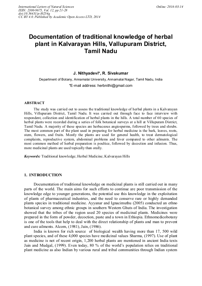 Documentation of Traditional Knowledge of Herbal Plant in Kalvarayan