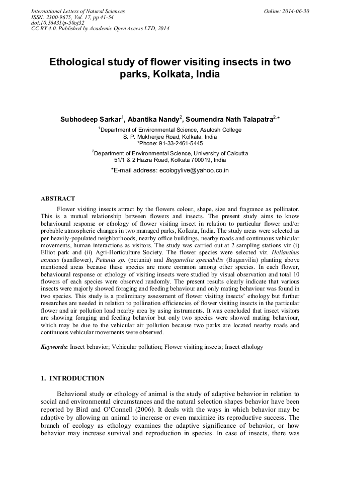 Ethological Study of Flower Visiting Insects in Two Parks, Kolkata ...