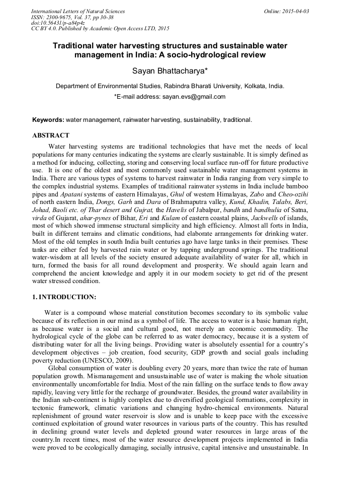 Traditional Water Harvesting Structures and Sustainable Water