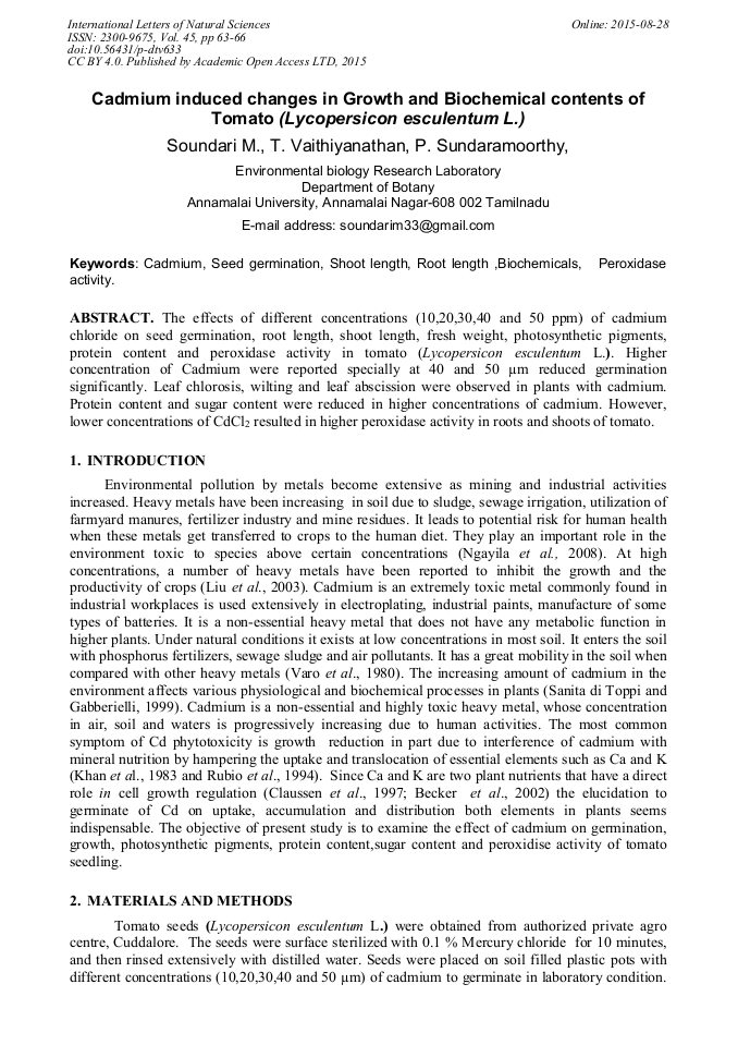Cadmium Induced Changes in Growth and Biochemical Contents of Tomato ...