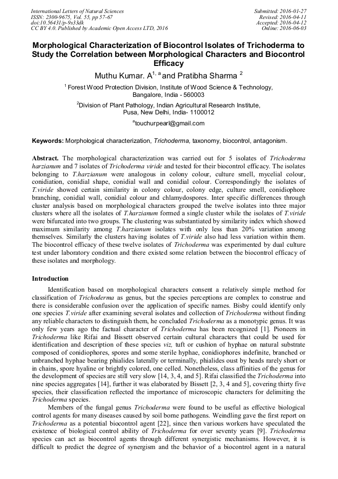 Morphological Characterization of Biocontrol Isolates of Trichoderma to ...