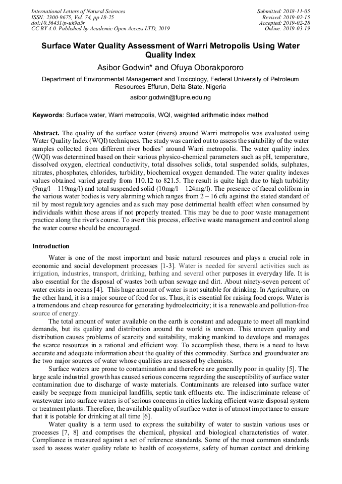 Surface Water Quality Assessment of Warri Metropolis Using Water ...
